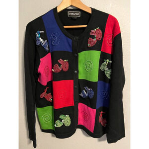 Vintage Terazzo Cardigan Womens Large Black Colorblock Beaded Shoes Wacky Artsy